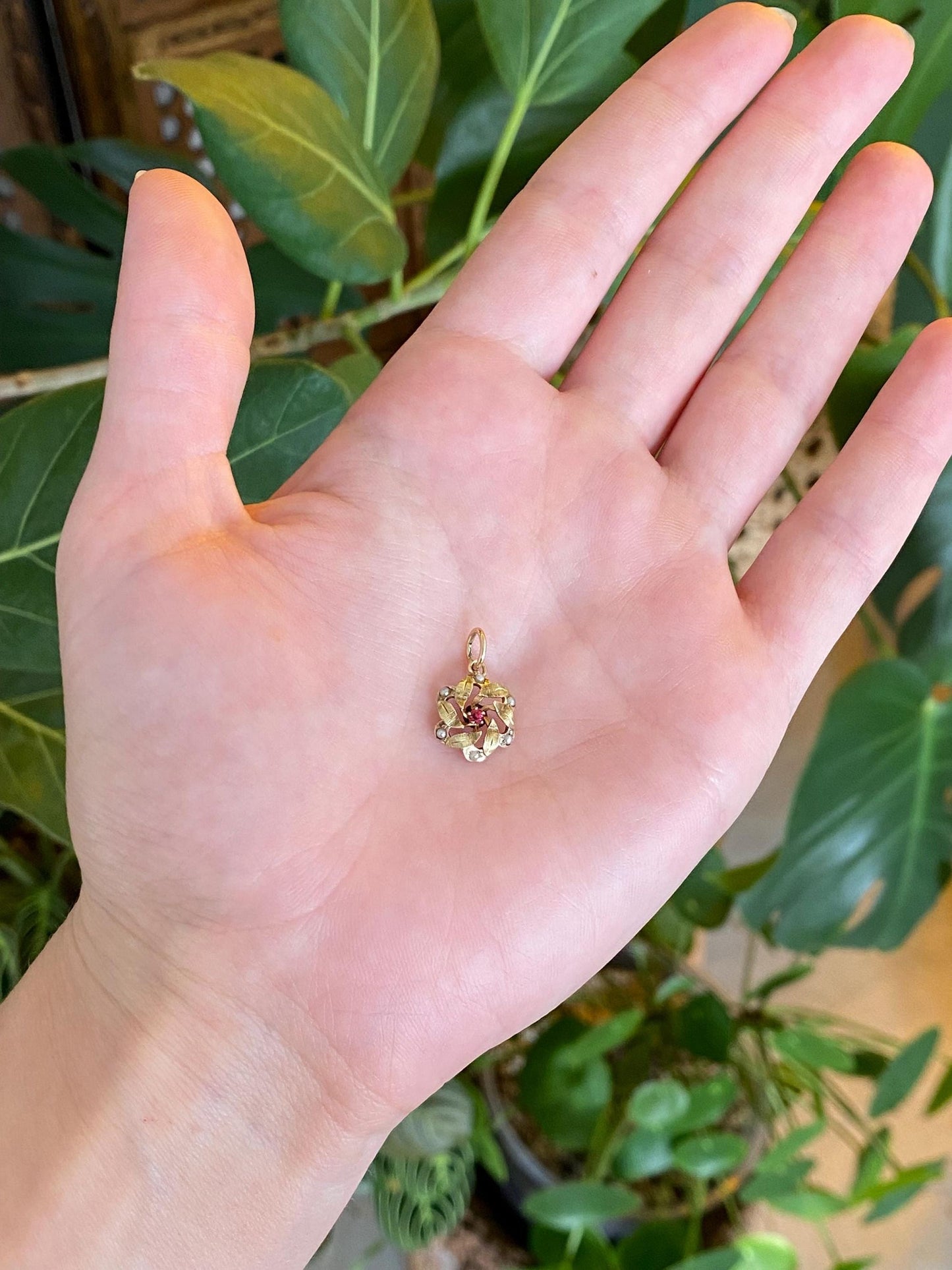 Vintage Solid 9k Yellow Gold Pink Cubic Zirconia Seed Pearls Stick Pin Conversion Charm