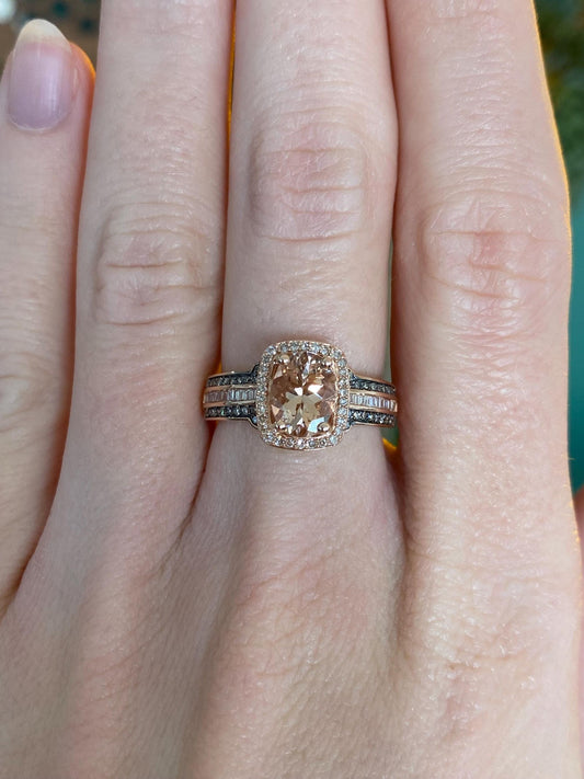 Vintage Solid 10k Rose Gold Black & Clear Diamond Morganite Ring - Size 5.75