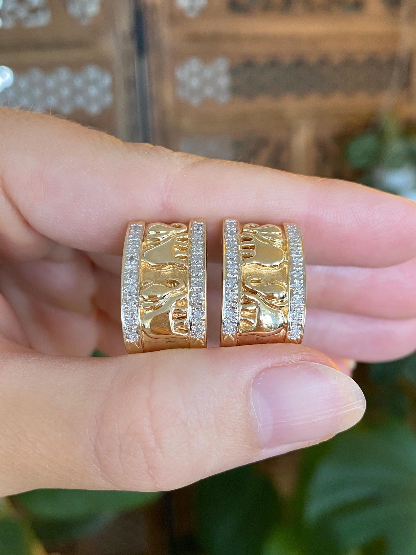 Vintage Solid 14k White & Yellow Gold Diamond Elephants Drop Earrings