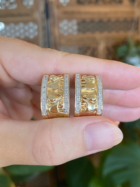 Vintage Solid 14k White & Yellow Gold Diamond Elephants Drop Earrings