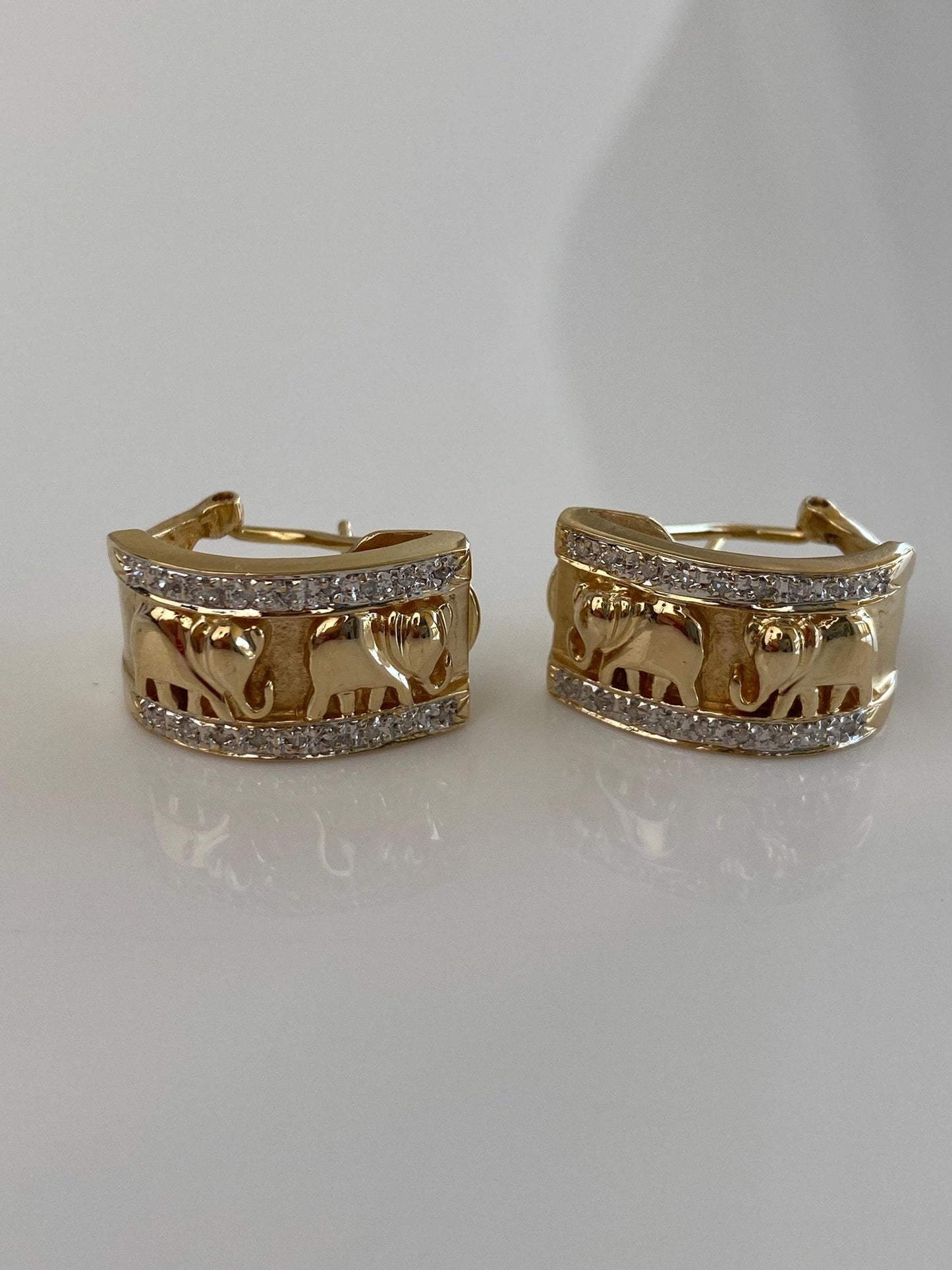 Vintage Solid 14k White & Yellow Gold Diamond Elephants Drop Earrings