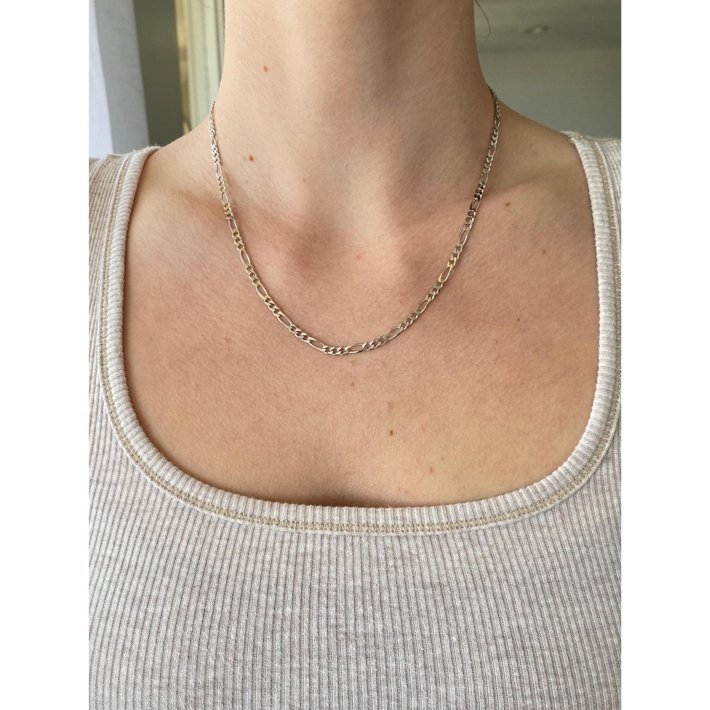 Vintage Solid 14k White Gold Figaro Chain Necklace - 18 inches
