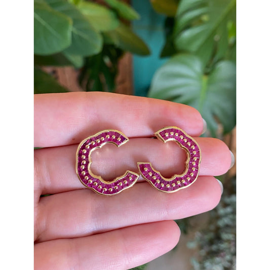 Vintage Solid 18k Yellow Gold Pink Sapphire Dotted Drop Earrings