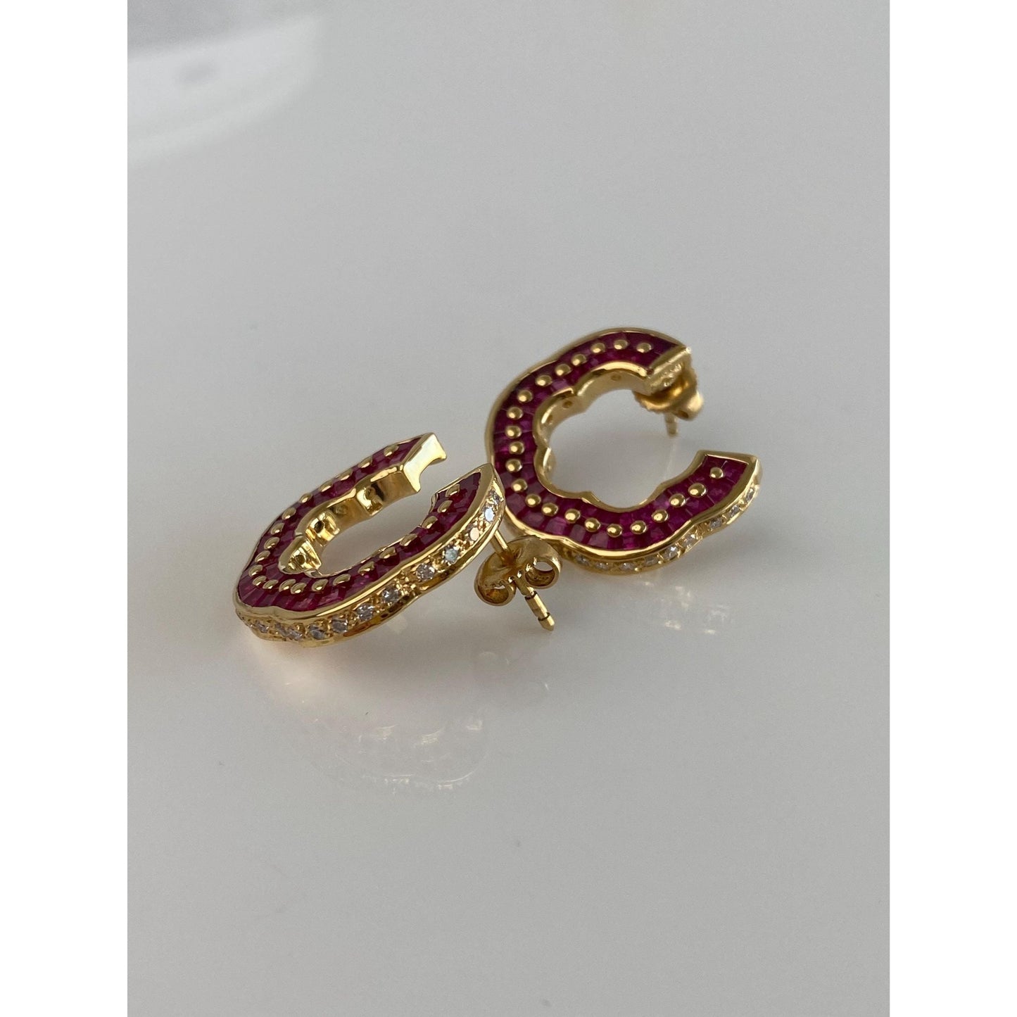 Vintage Solid 18k Yellow Gold Pink Sapphire Dotted Drop Earrings