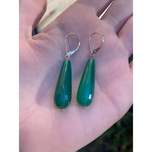 Vintage Solid 14k Yellow Gold Faceted Green Glass Dangle Earrings