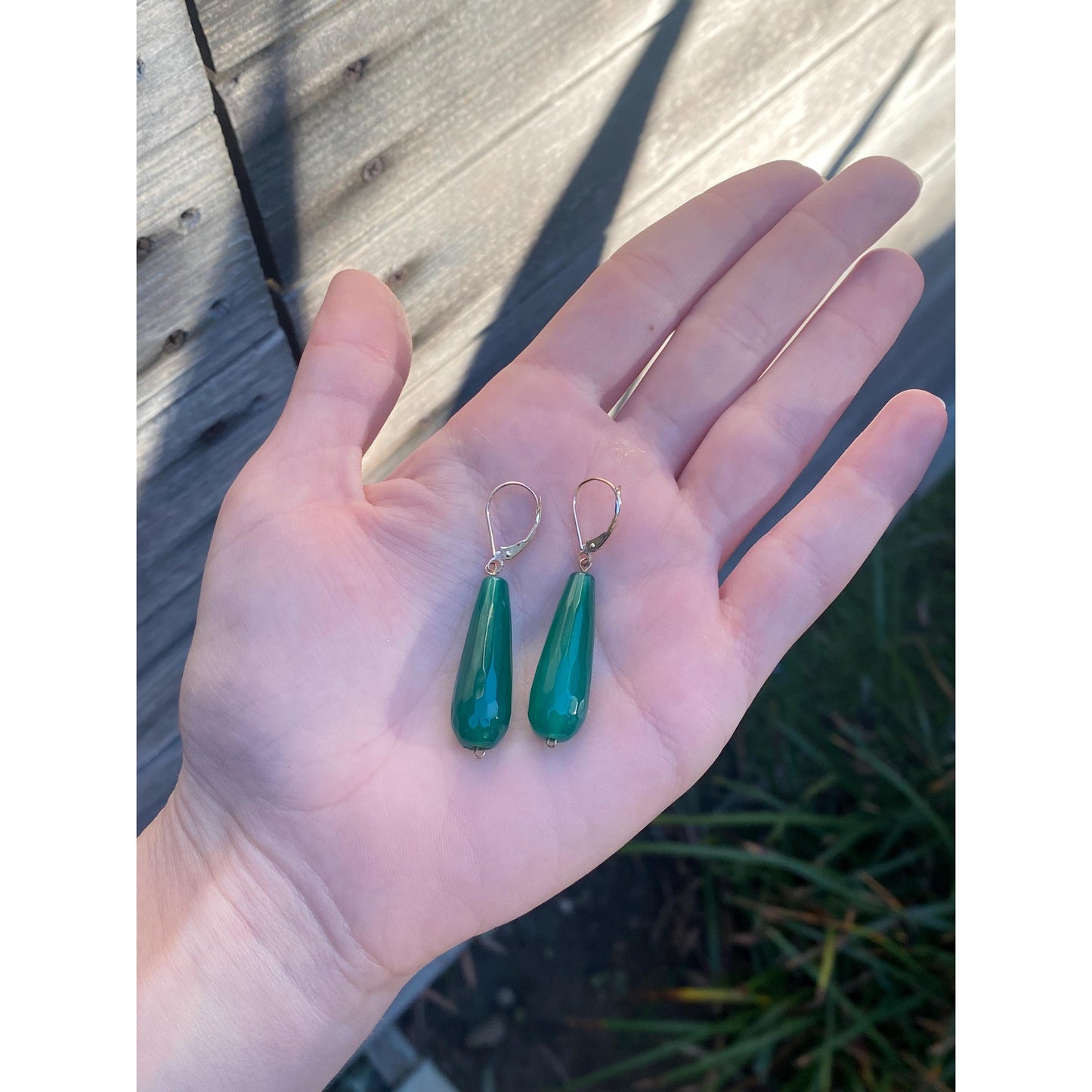 Vintage Solid 14k Yellow Gold Faceted Green Glass Dangle Earrings