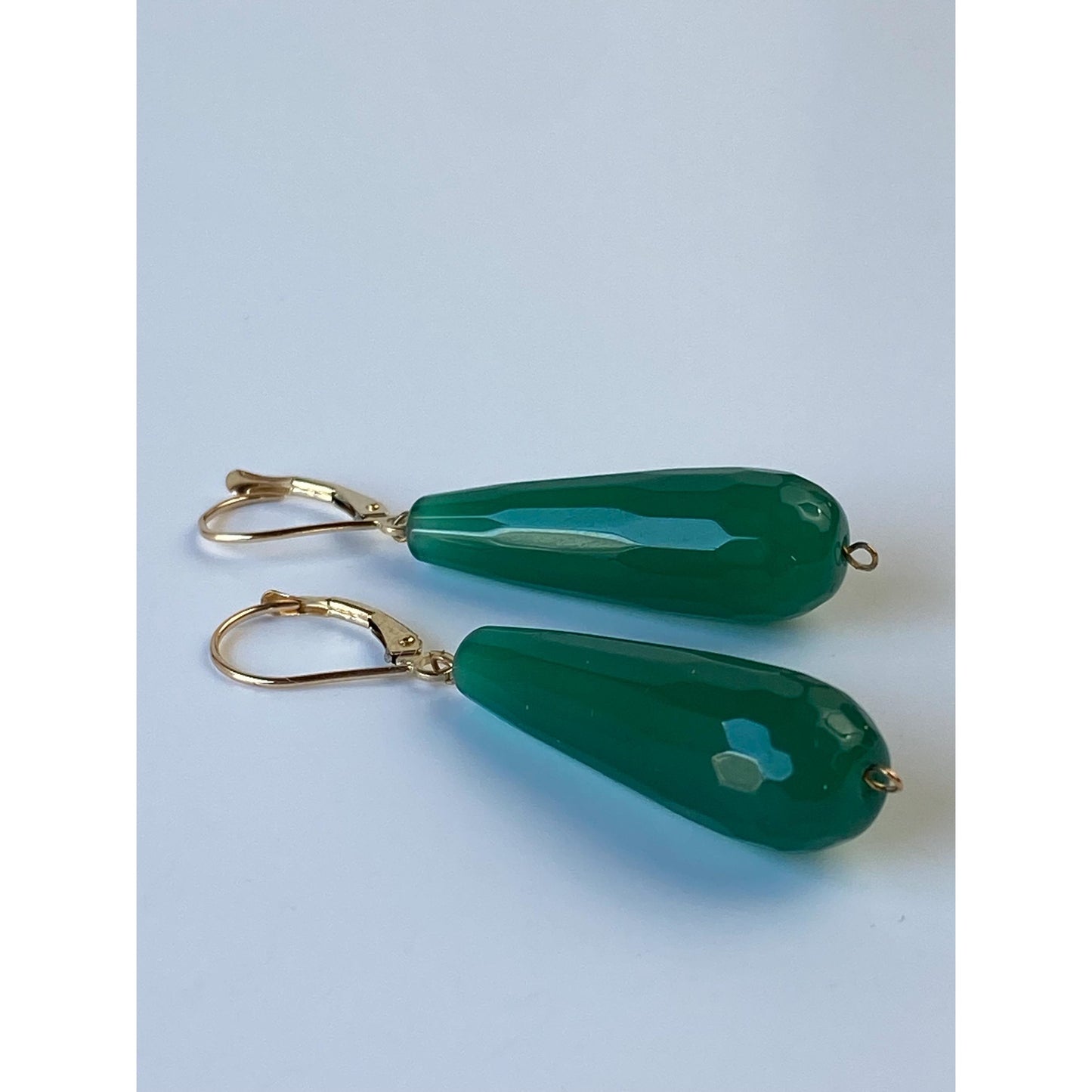 Vintage Solid 14k Yellow Gold Faceted Green Glass Dangle Earrings