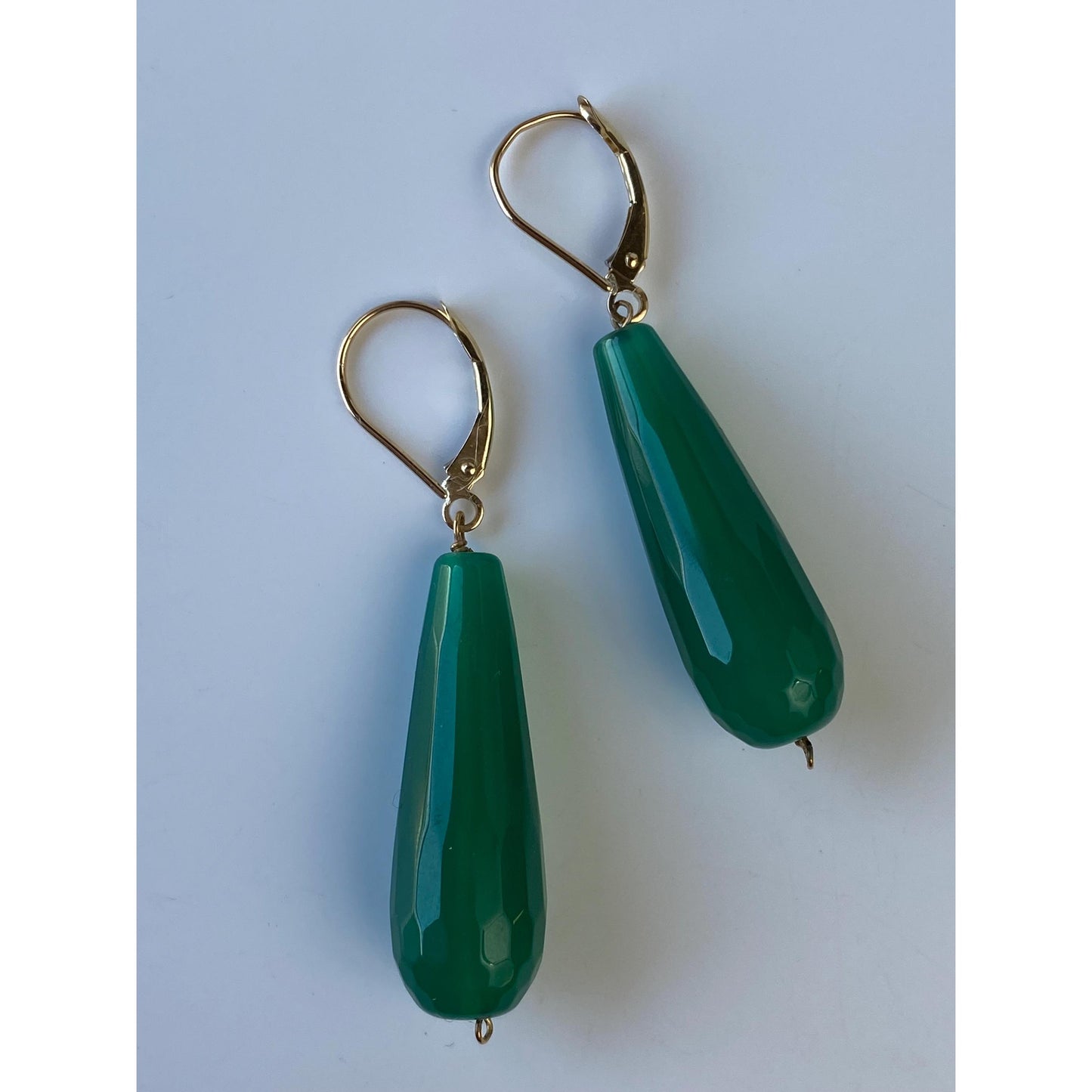 Vintage Solid 14k Yellow Gold Faceted Green Glass Dangle Earrings