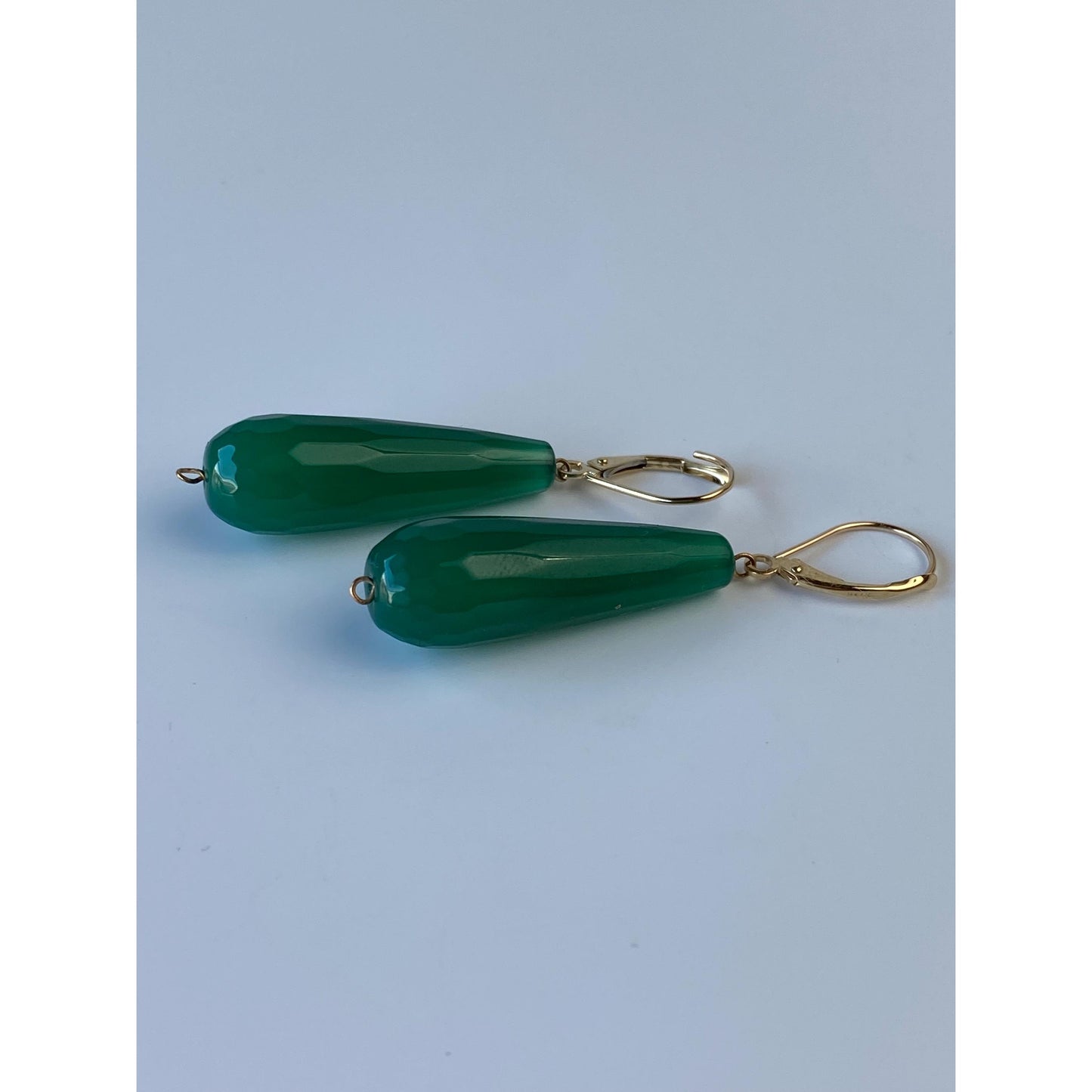 Vintage Solid 14k Yellow Gold Faceted Green Glass Dangle Earrings