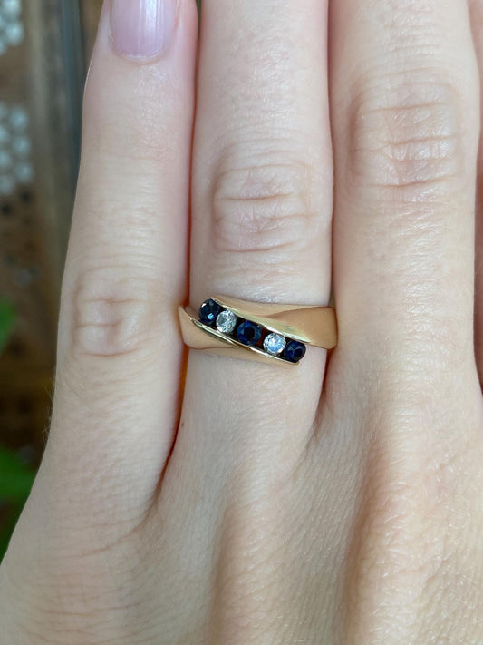 Vintage Solid 10k Yellow Gold Diamond Blue Sapphire Twist Ring - Size 5.75