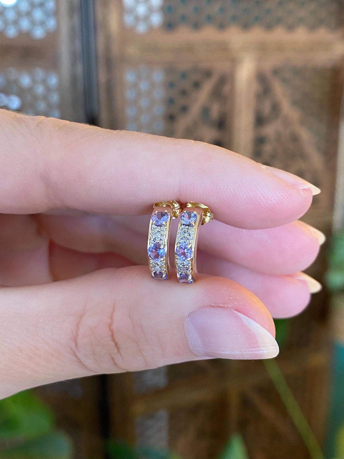 Vintage Solid 10k White & Yellow Gold Diamond Tanzanite Drop Earrings