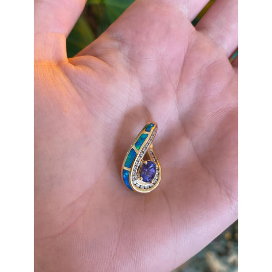 Solid 14k Yellow Gold Diamond Tanzanite Opal Inlay Slide Charm