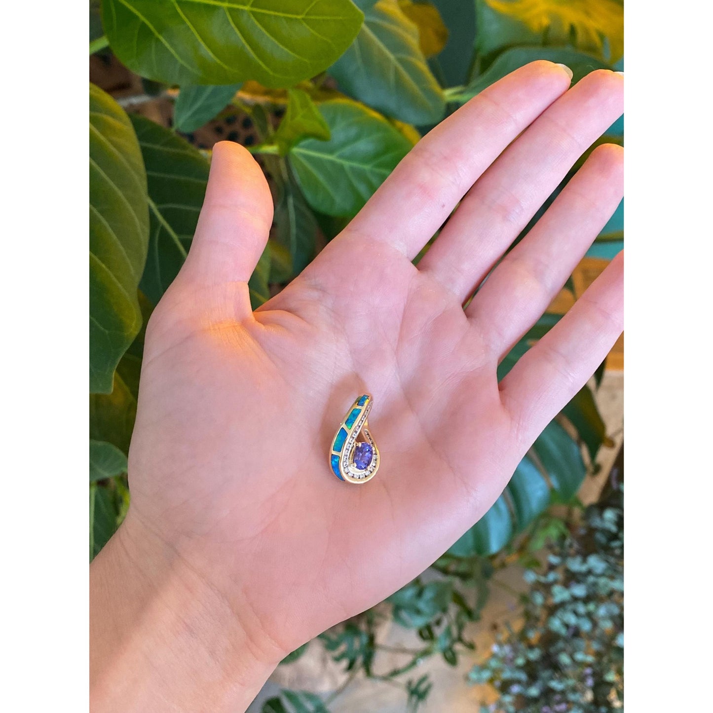 Solid 14k Yellow Gold Diamond Tanzanite Opal Inlay Slide Charm