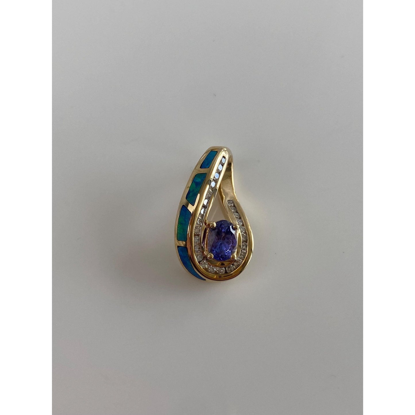 Solid 14k Yellow Gold Diamond Tanzanite Opal Inlay Slide Charm
