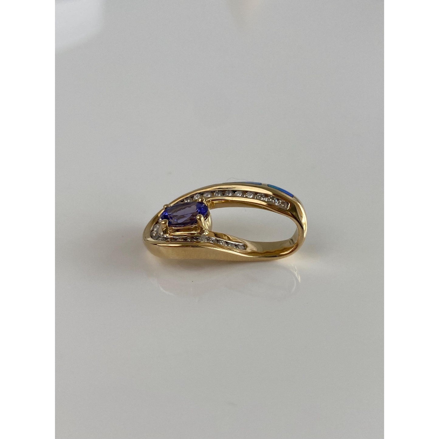 Solid 14k Yellow Gold Diamond Tanzanite Opal Inlay Slide Charm