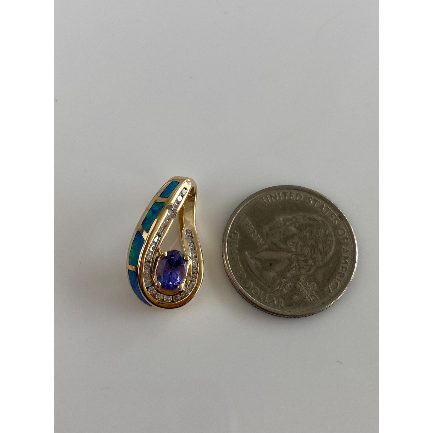 Solid 14k Yellow Gold Diamond Tanzanite Opal Inlay Slide Charm