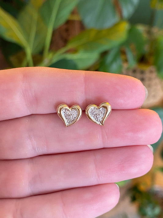 Vintage Solid 14k White & Yellow Gold Diamond Heart Stud Earrings