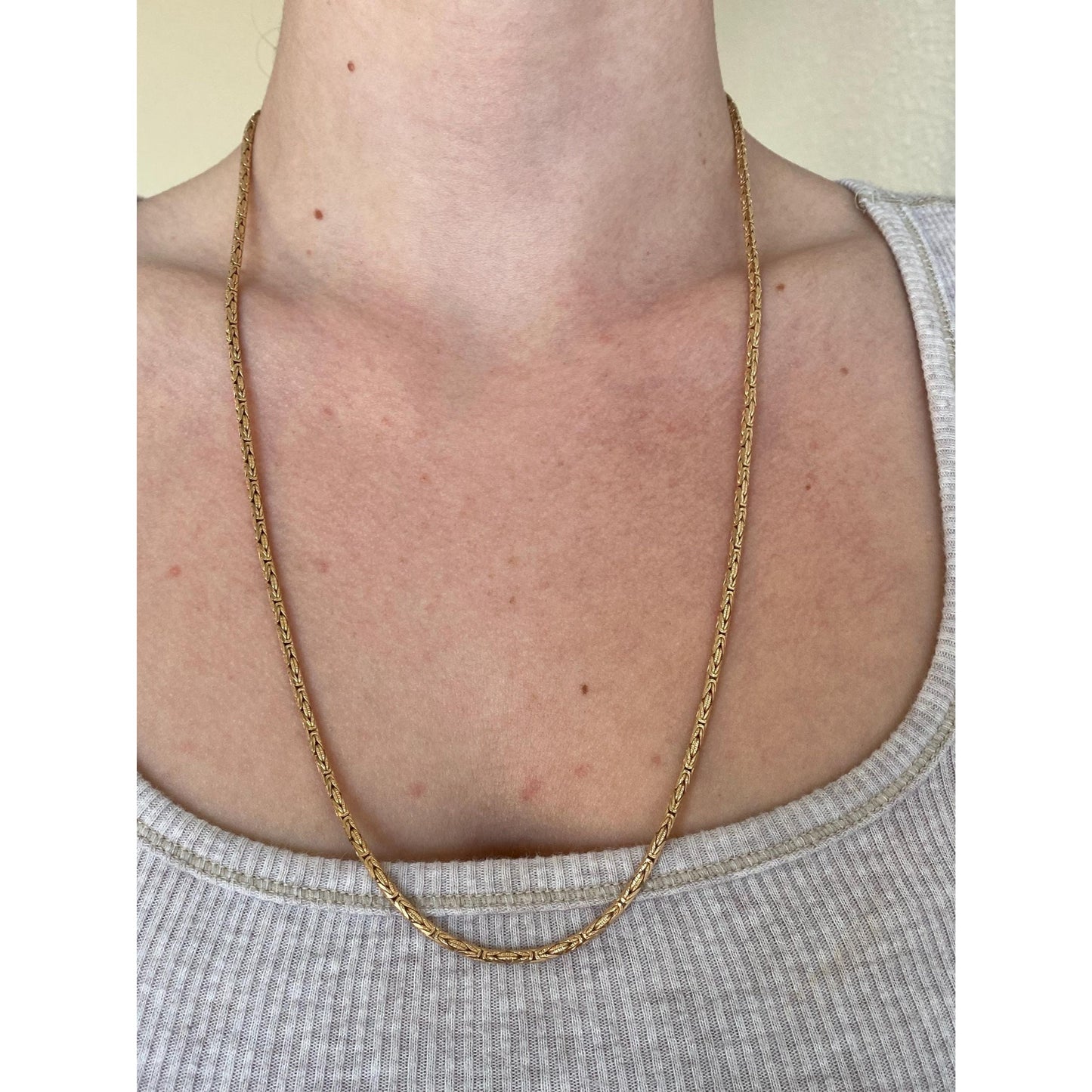 Vintage Solid 14k Yellow Gold Rounded Square Byzantine Chain Necklace - 24 inches