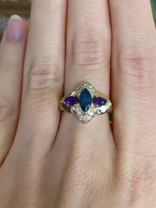 Vintage Solid 14k Yellow Gold Diamond Amethyst Blue Spinel Ring - Size 6