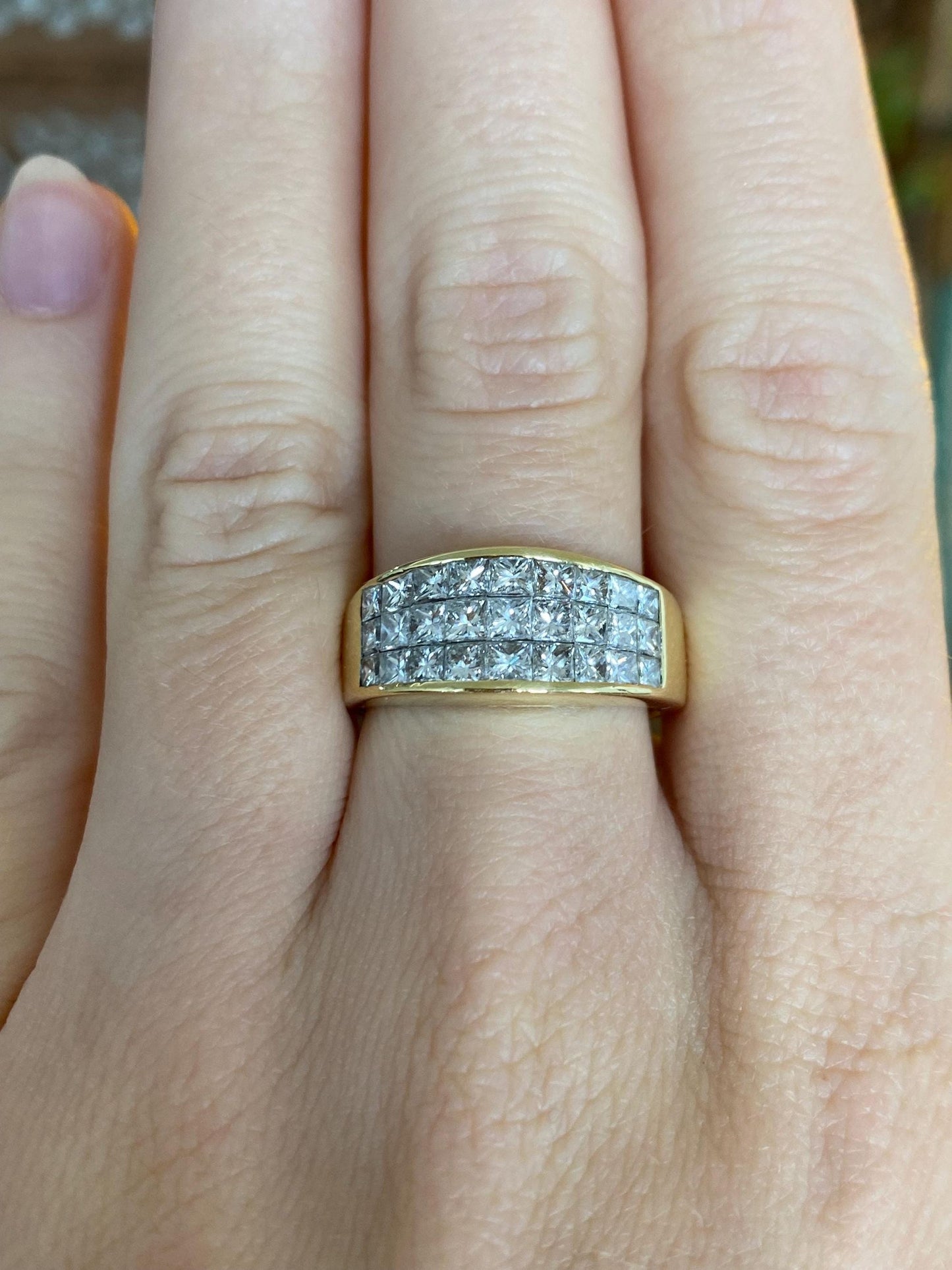 Vintage Solid 18k Yellow Gold Princess Cut Diamond Ring Band - Size 7.25