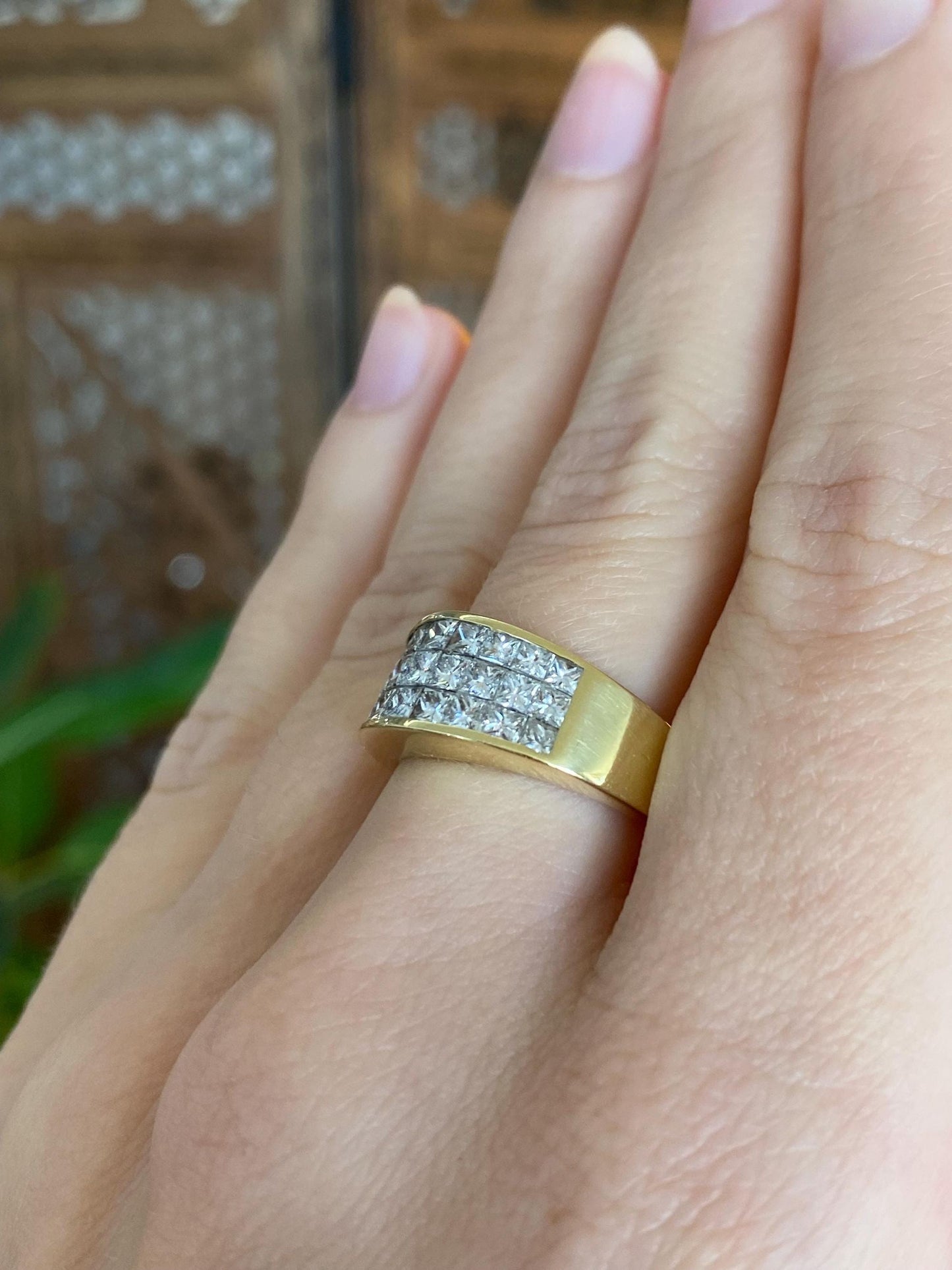 Vintage Solid 18k Yellow Gold Princess Cut Diamond Ring Band - Size 7.25