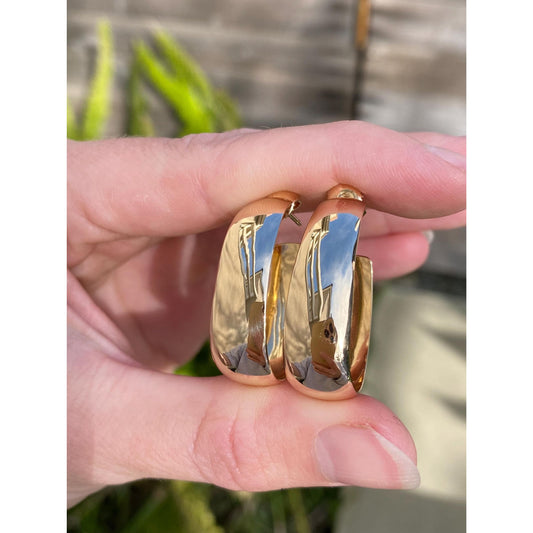 Vintage Solid 14k Yellow Gold Tapered Oval Hoop Earrings