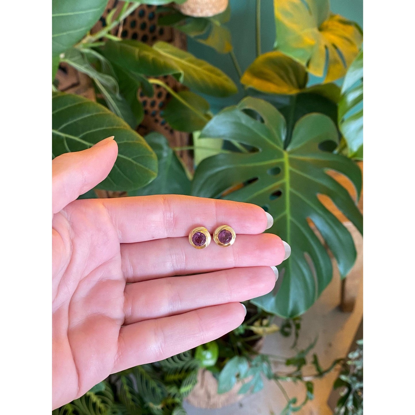 Vintage Solid 14k Yellow Gold Pink Tourmaline Stud Earrings