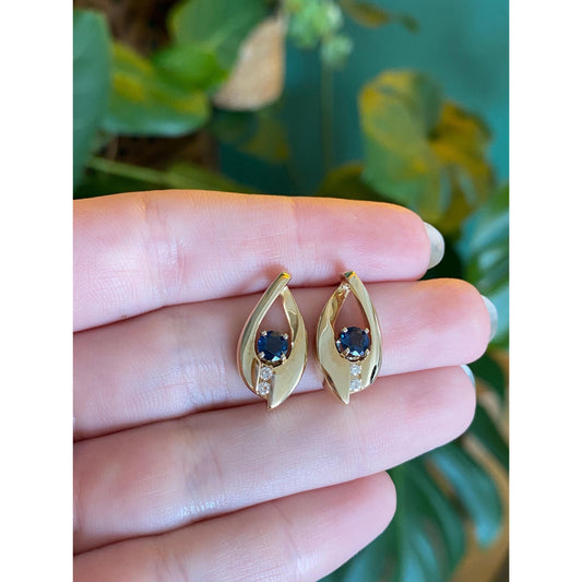 Solid 14k Yellow Gold Diamond Blue Sapphire Drop Earrings