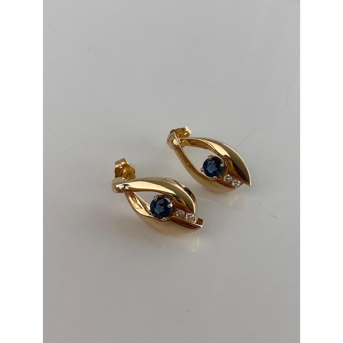 Solid 14k Yellow Gold Diamond Blue Sapphire Drop Earrings