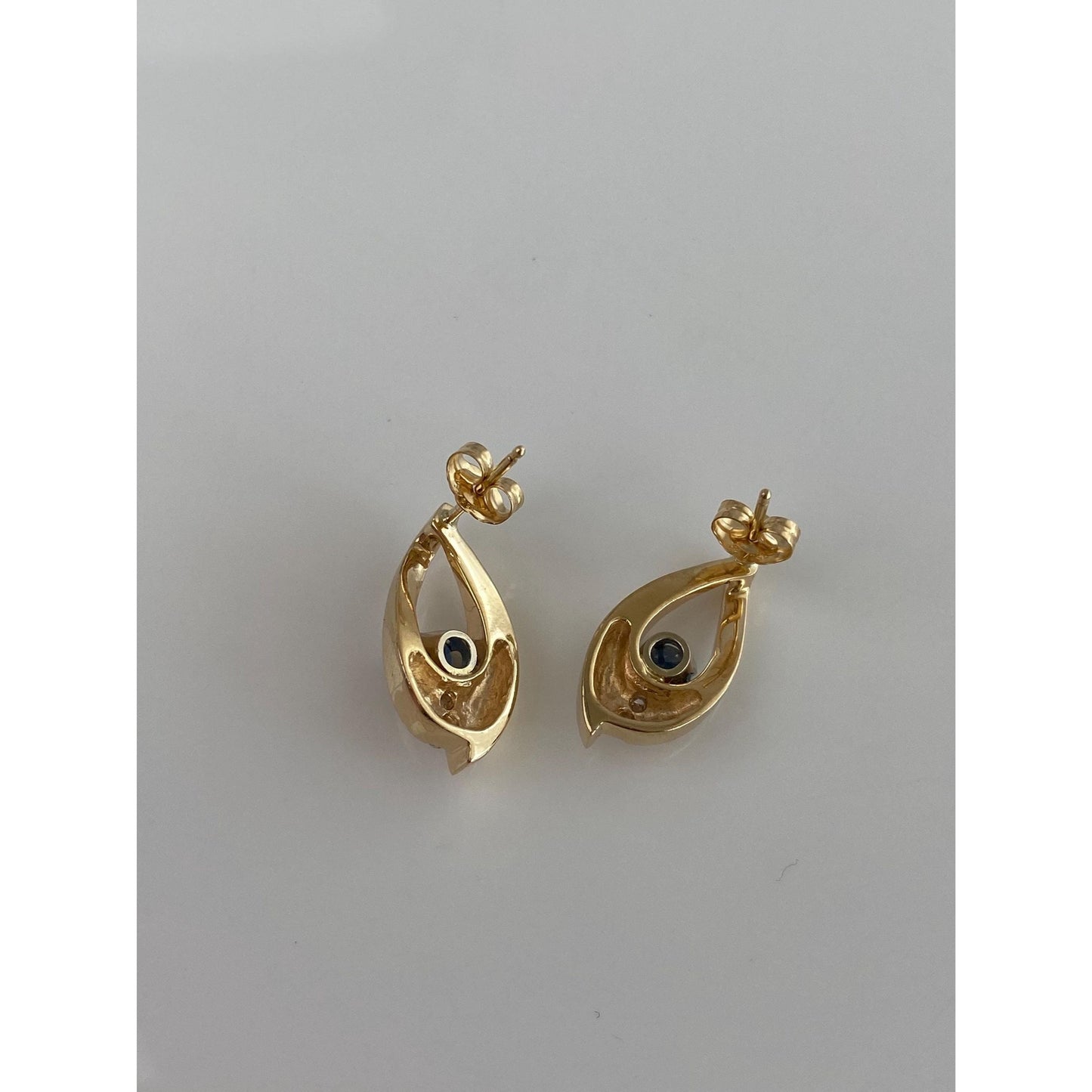 Solid 14k Yellow Gold Diamond Blue Sapphire Drop Earrings