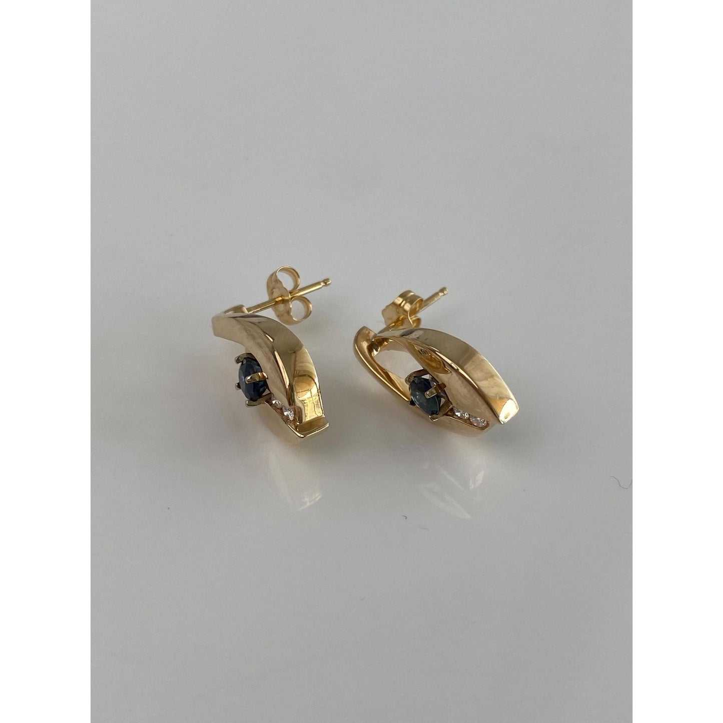 Solid 14k Yellow Gold Diamond Blue Sapphire Drop Earrings