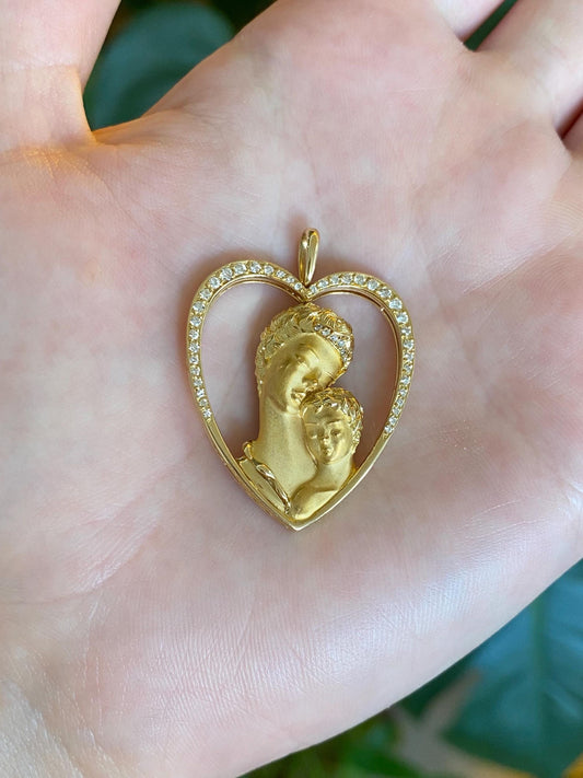 Vintage Solid 18k Yellow Gold Diamond Mother Child Heart Charm