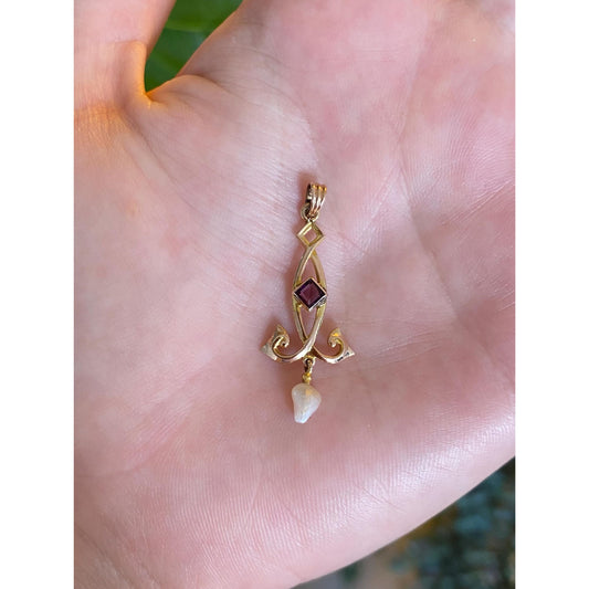 Vintage Solid 10k Yellow Gold Purple Cubic Zirconia Pearl Dangle Charm