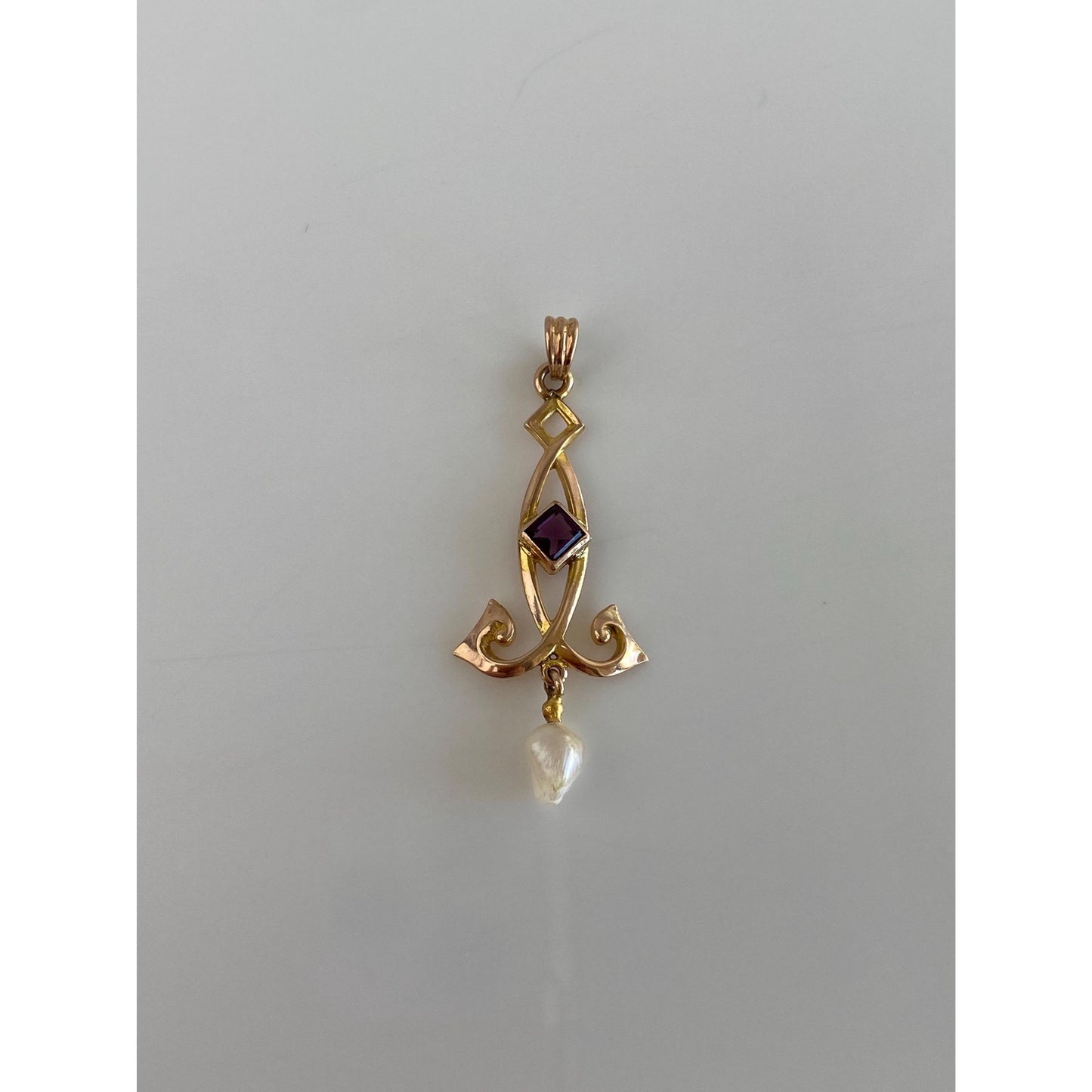 Vintage Solid 10k Yellow Gold Purple Cubic Zirconia Pearl Dangle Charm