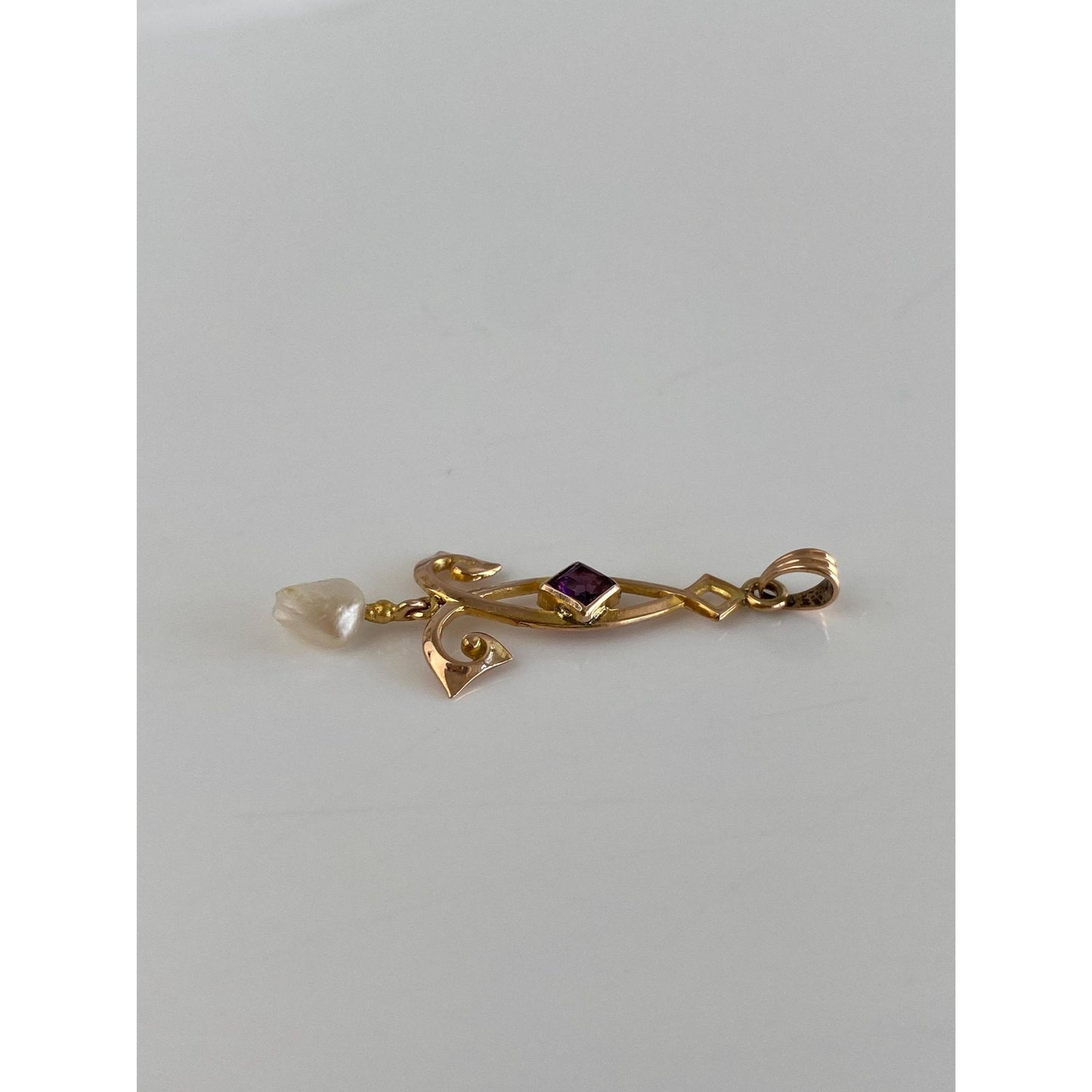 Vintage Solid 10k Yellow Gold Purple Cubic Zirconia Pearl Dangle Charm