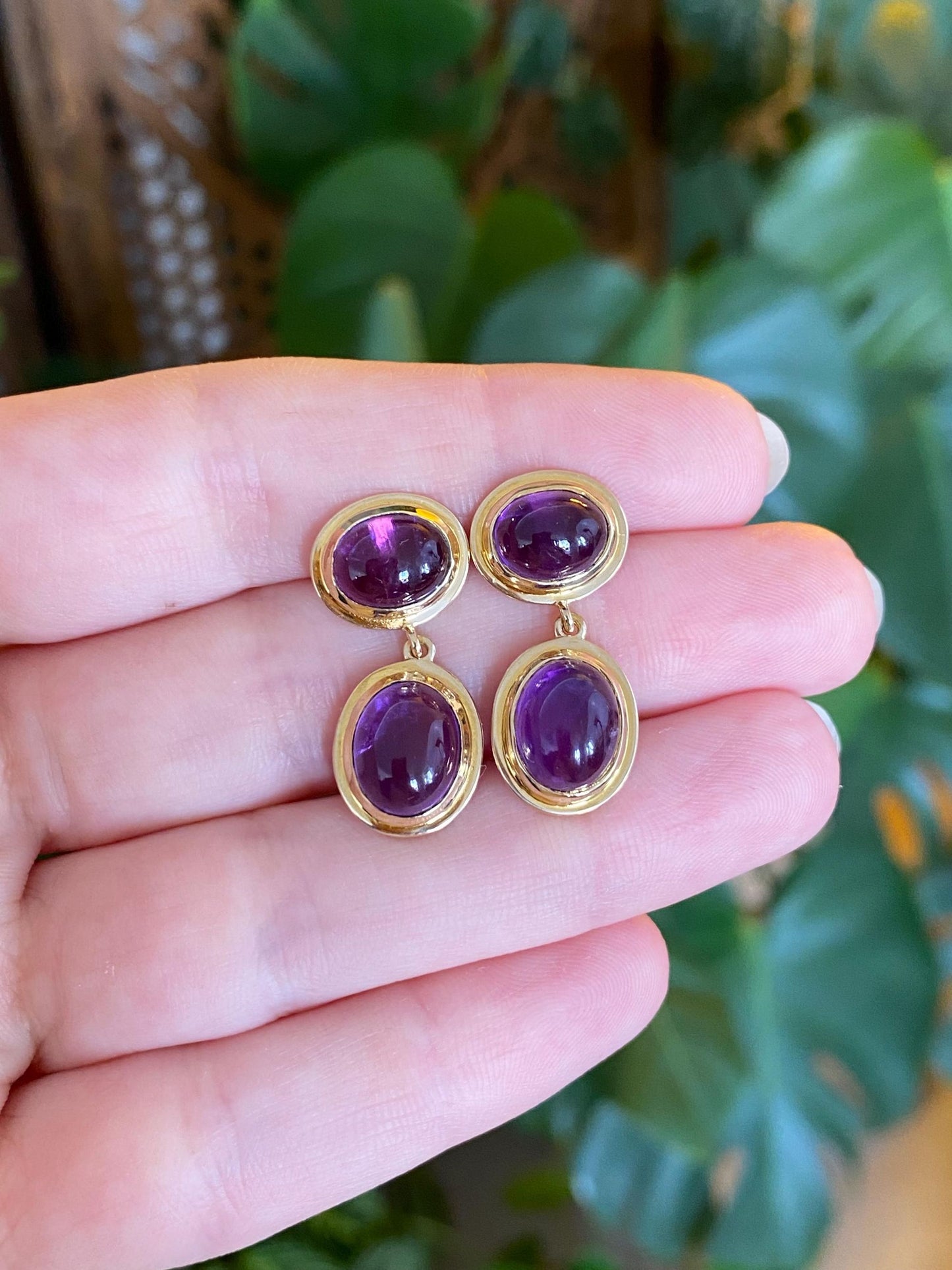Vintage Solid 14k Yellow Gold Amethyst Cabochon Dangle Stud Earrings