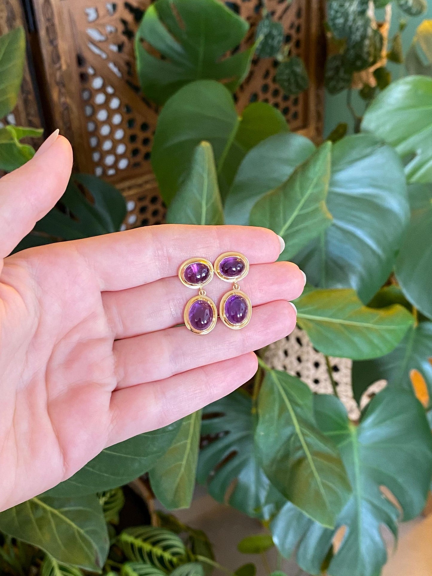 Vintage Solid 14k Yellow Gold Amethyst Cabochon Dangle Stud Earrings