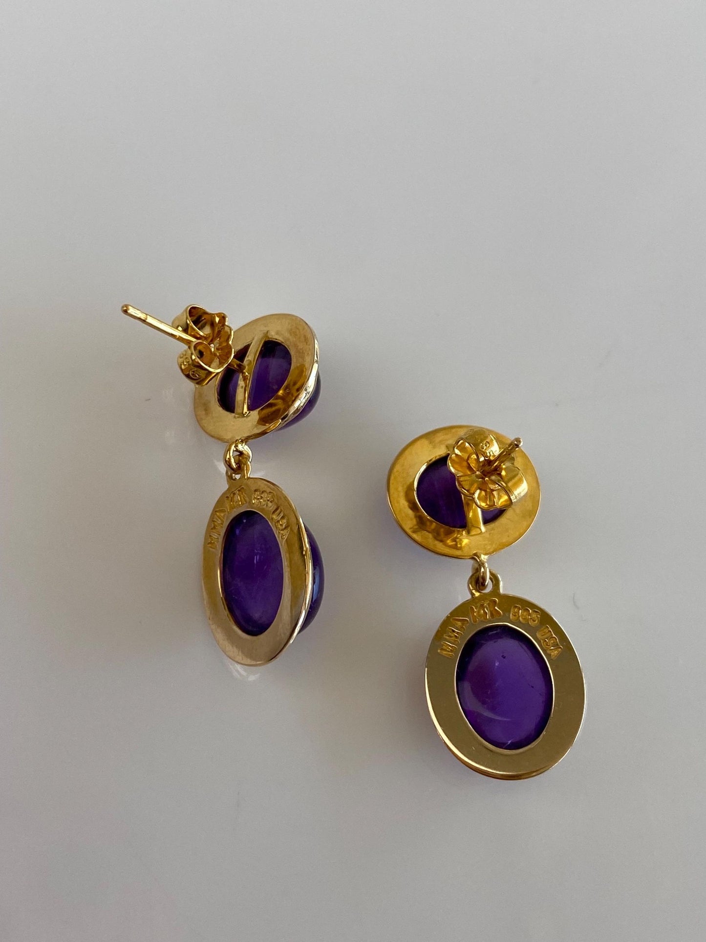 Vintage Solid 14k Yellow Gold Amethyst Cabochon Dangle Stud Earrings