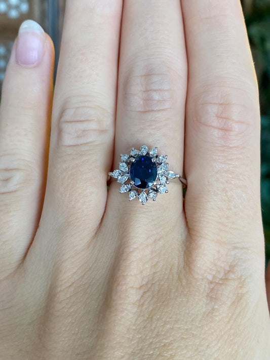 Vintage Solid 10k White Gold Diamond Halo Blue Sapphire Ring - Size 8