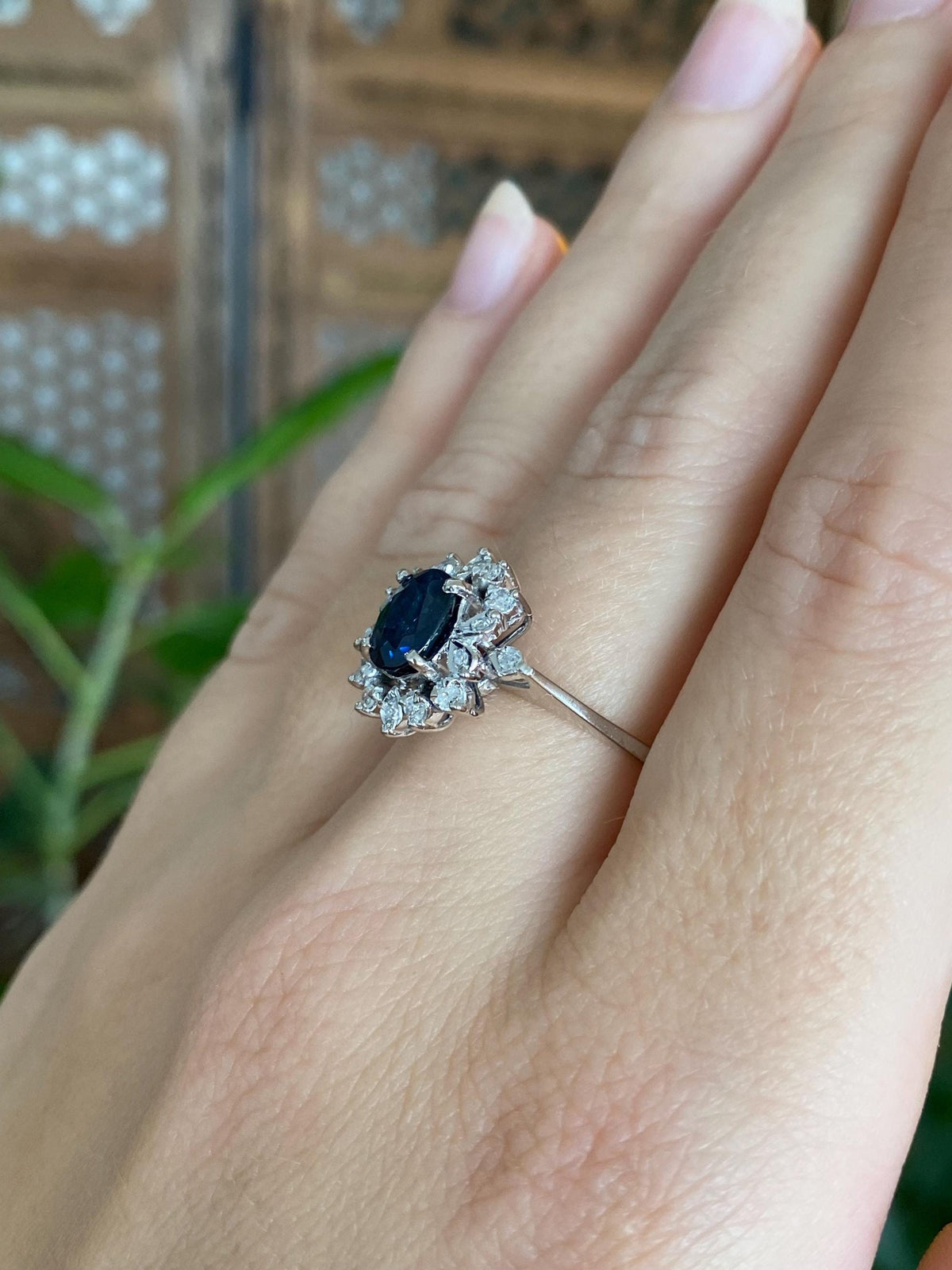 Vintage Solid 10k White Gold Diamond Halo Blue Sapphire Ring - Size 8