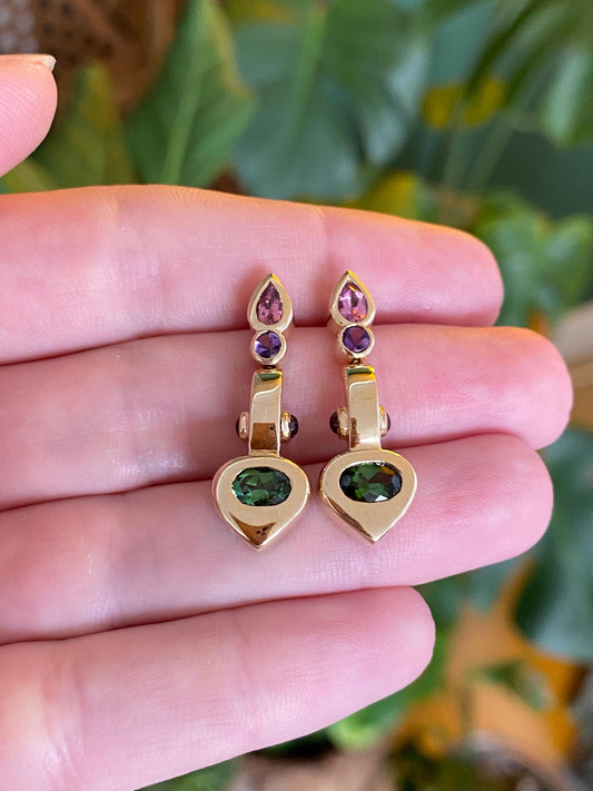 Vintage Solid 14k Yellow Gold Green & Pink Tourmaline Amethyst Garnet Drop Earrings