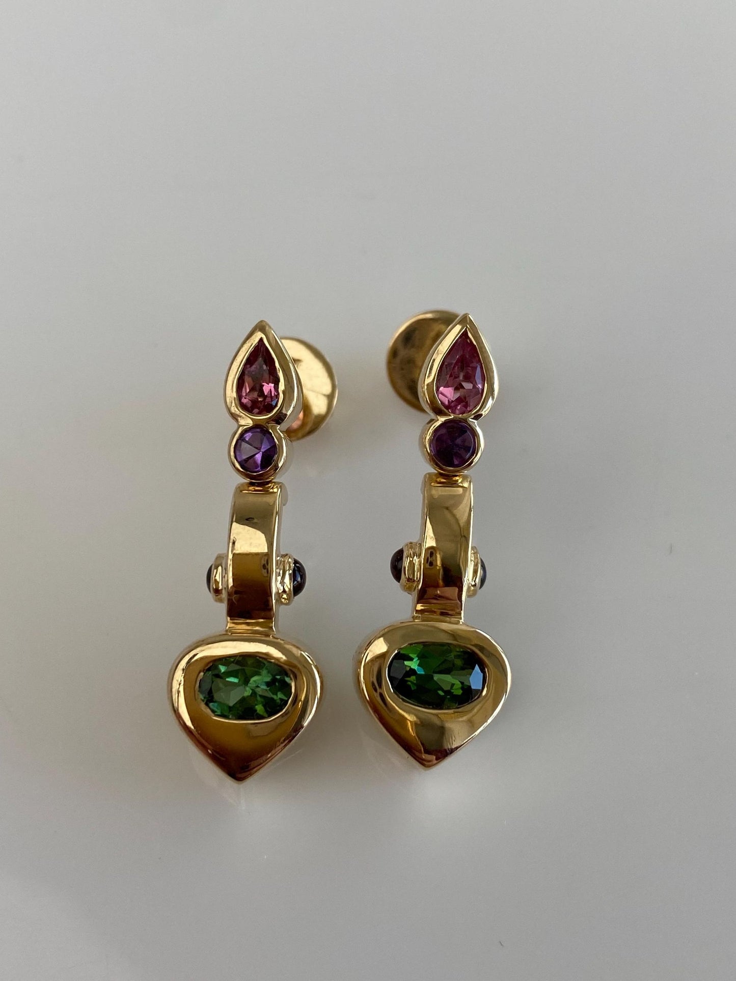Vintage Solid 14k Yellow Gold Green & Pink Tourmaline Amethyst Garnet Drop Earrings