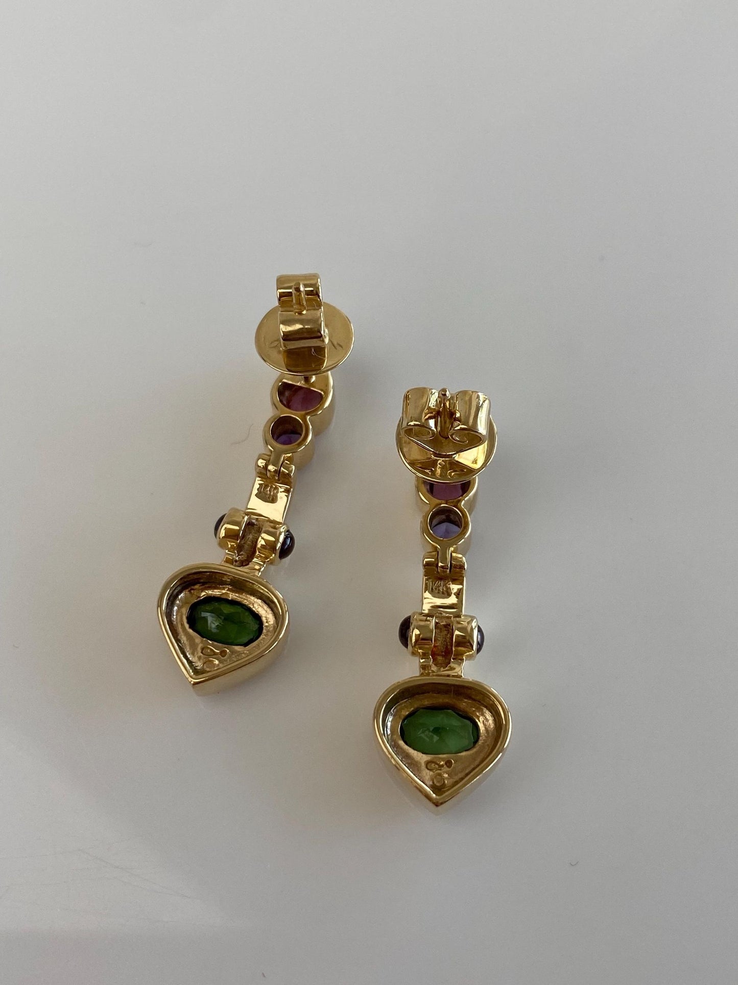 Vintage Solid 14k Yellow Gold Green & Pink Tourmaline Amethyst Garnet Drop Earrings