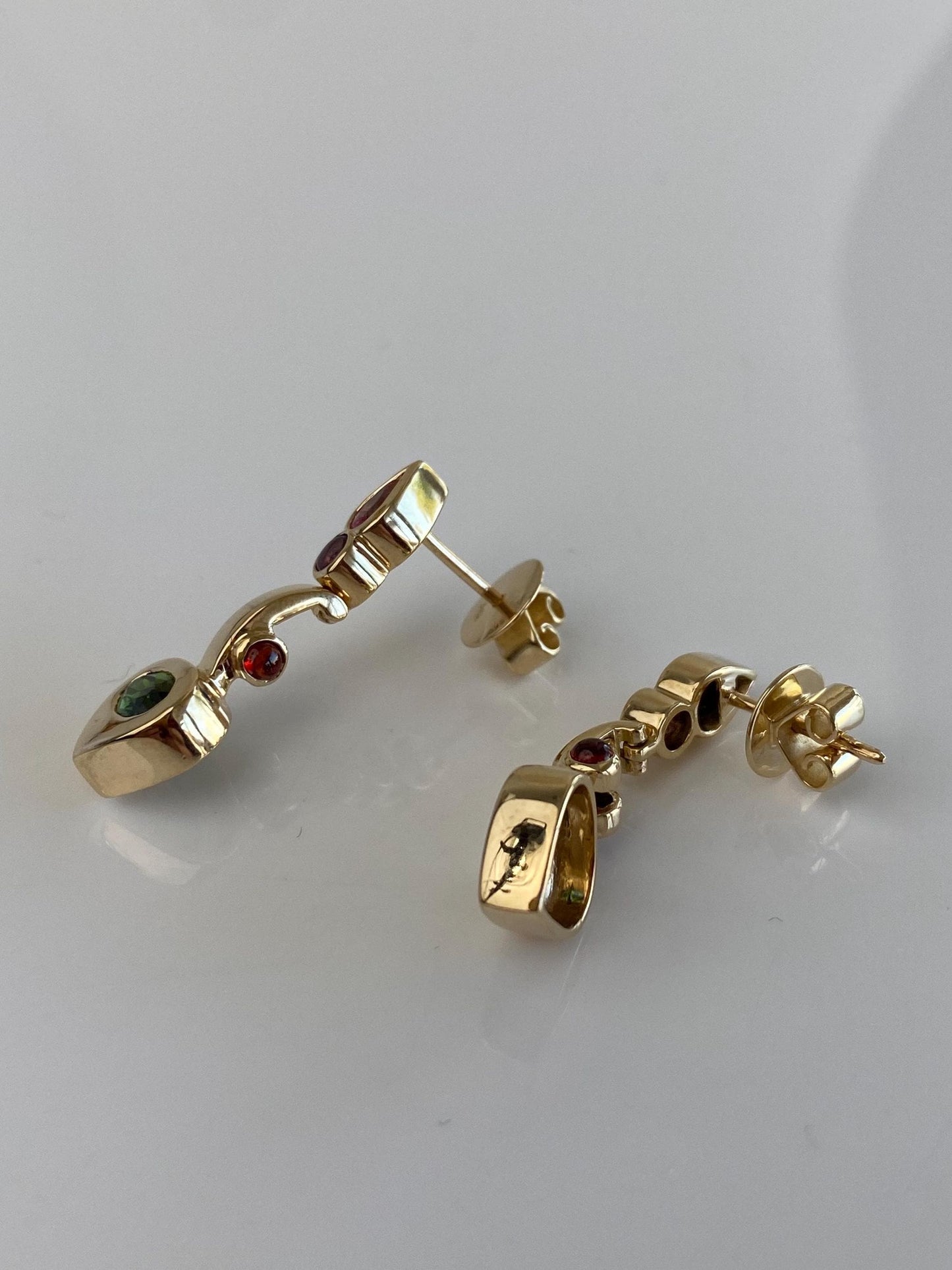 Vintage Solid 14k Yellow Gold Green & Pink Tourmaline Amethyst Garnet Drop Earrings