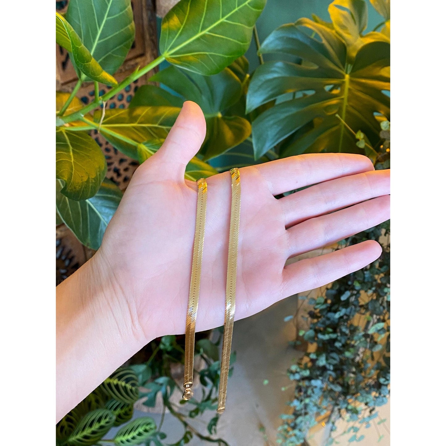 Vintage Solid 14k Yellow Gold Long Herringbone Chain Necklace - 24 inches