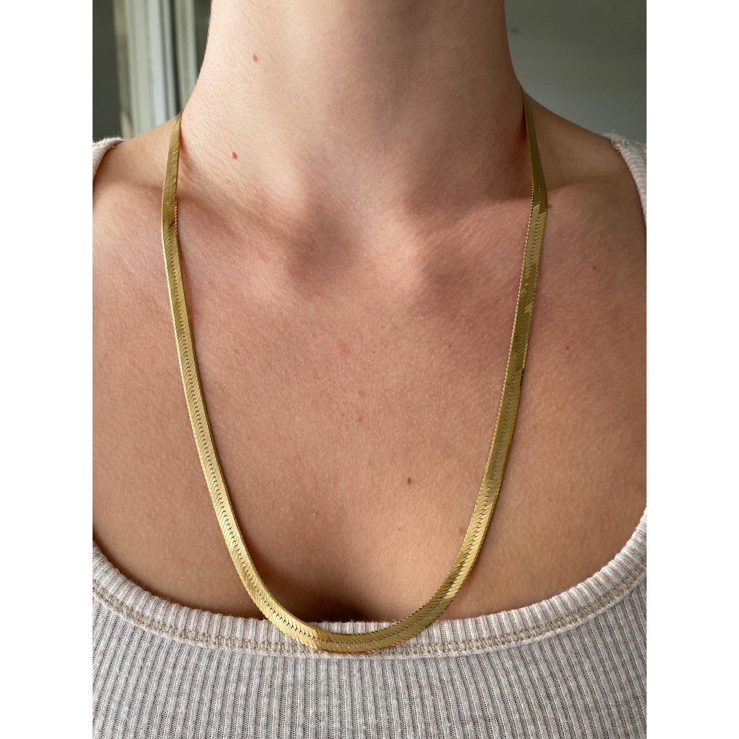 Vintage Solid 14k Yellow Gold Long Herringbone Chain Necklace - 24 inches