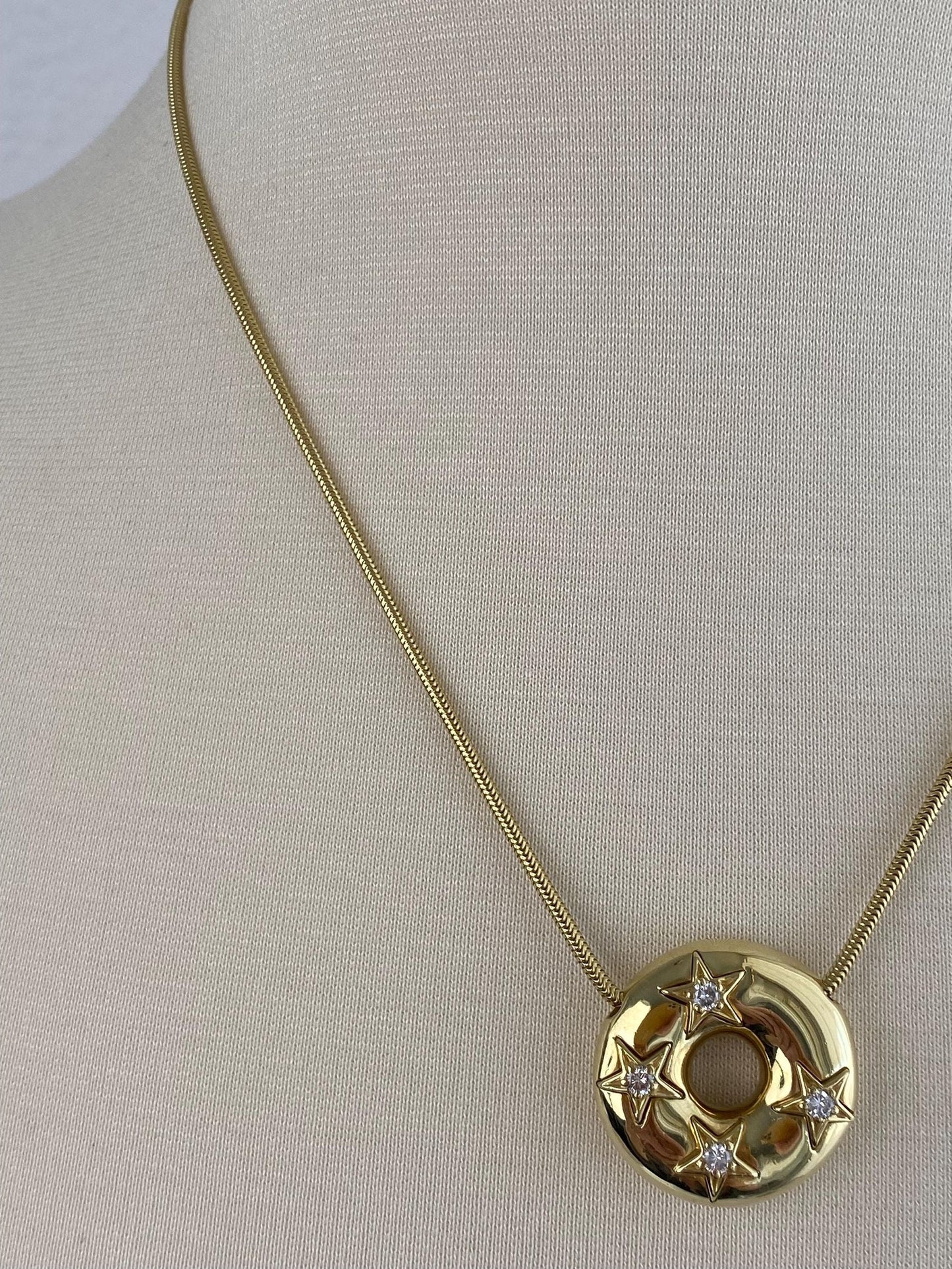 Vintage Solid 18k Yellow Gold Diamond Stars Donut Charm Snake Chain Necklace - 19 inches