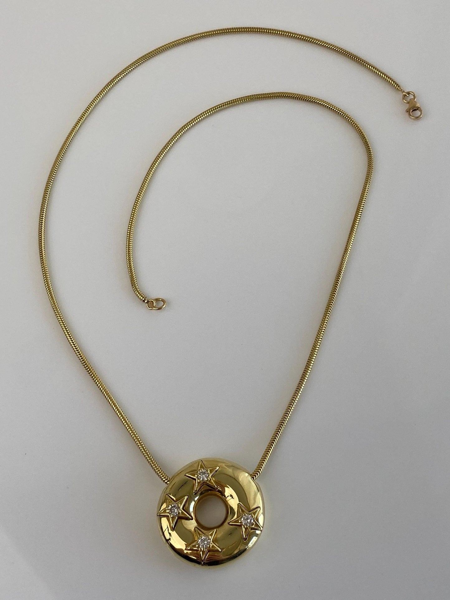 Vintage Solid 18k Yellow Gold Diamond Stars Donut Charm Snake Chain Necklace - 19 inches