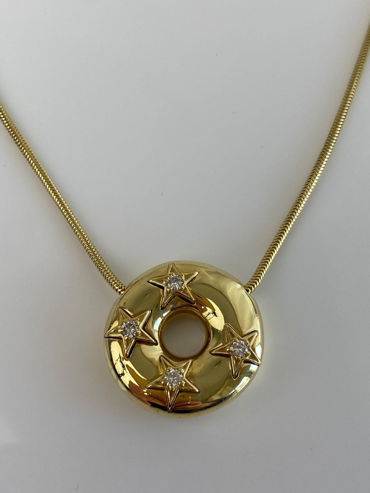 Vintage Solid 18k Yellow Gold Diamond Stars Donut Charm Snake Chain Necklace - 19 inches