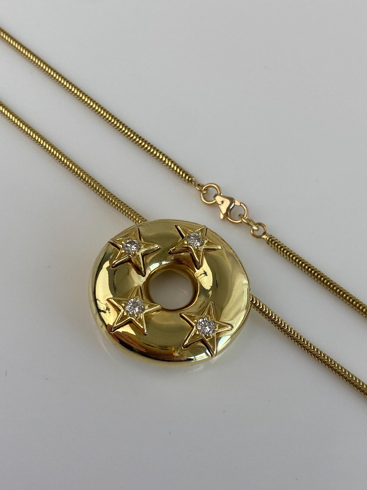 Vintage Solid 18k Yellow Gold Diamond Stars Donut Charm Snake Chain Necklace - 19 inches